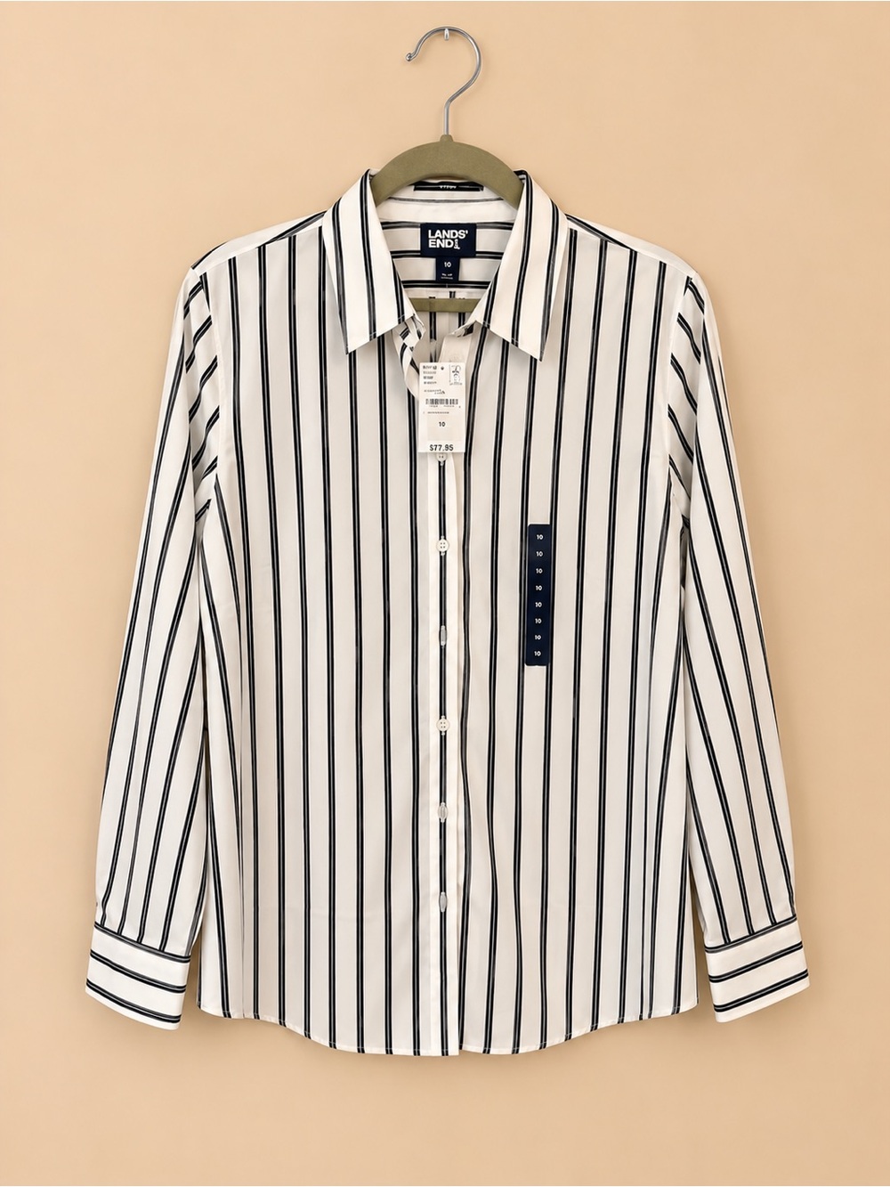 Lands' End White Shirt with Black Vertical Stripes